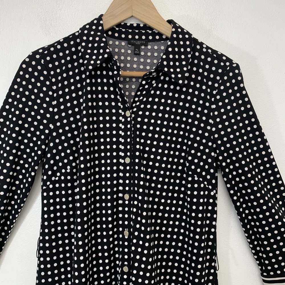 Talbots Black White Polka Dot Dress Shift MP Stretch Knit Knee Length 3/4 Sleeve - Picture 2 of 9